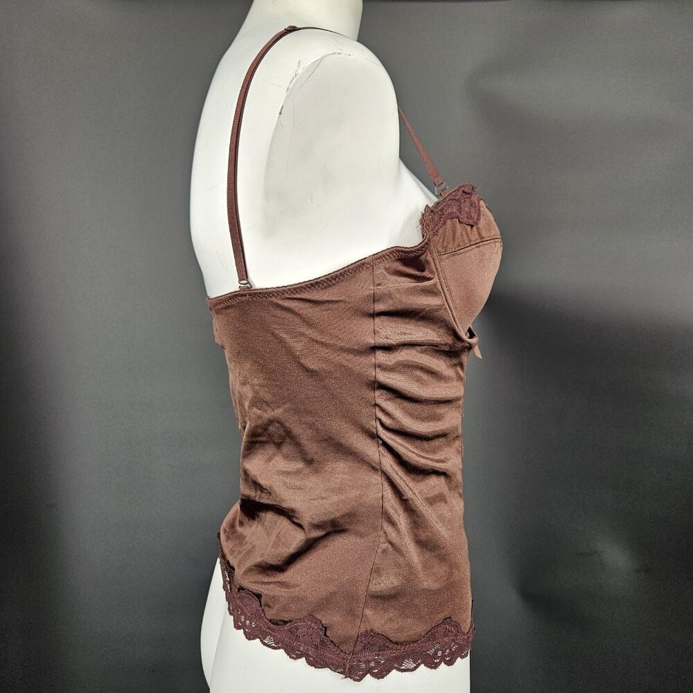 Satin Corset Top Womens L Brown Lace Ruched Bustier Cami Lingerie Coquette Y2K - Picture 8 of 11